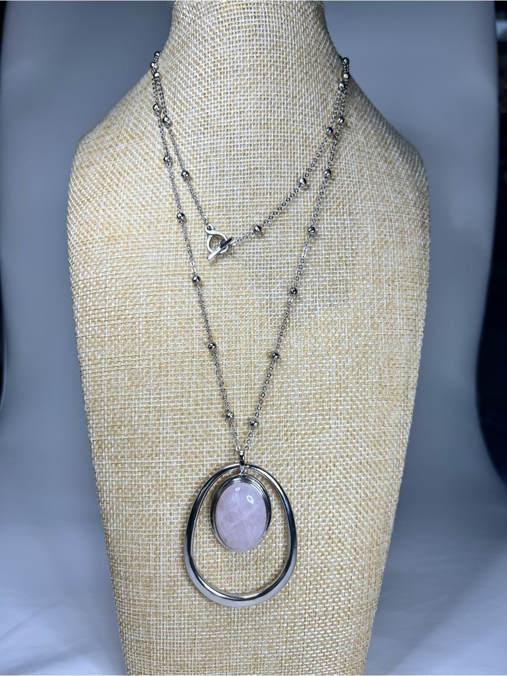Mid century $64 modernist style Rose Quartz cabochon ball station chain necklace